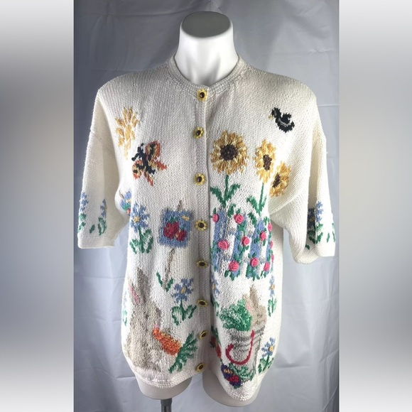 VTG 90s Signatures Northern Isles cardigan sweater Bunny Flower Spring Happy L - Picture 1 of 9